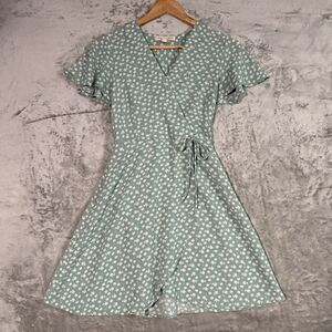 Monteau Green Floral Wrap Dress XS Mini Flutter Sleeve Cottagecore Coquette Mint